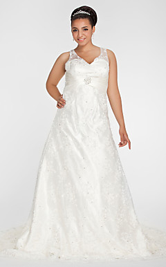 A-line V-neck Chapel Train Lace Plus Size Wedding Dress