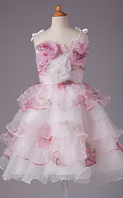 Princess Spaghetti Straps Knee-length Satin Flowers Sleeveless Flower Girl Dress