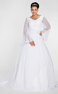 Ball Gown V-neck Chapel Train Chiffon Plus Size Wedding Dress