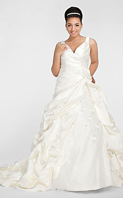 Ball Gown V-neck Chapel Train Satin Plus Size Wedding Dress