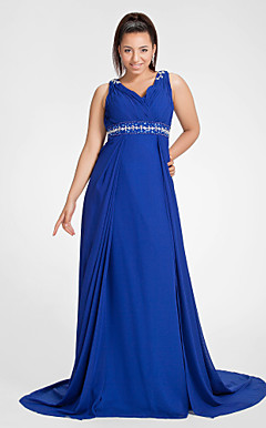 bainha / coluna v-pescoço varrer / escova de trem chiffon vestido de noite