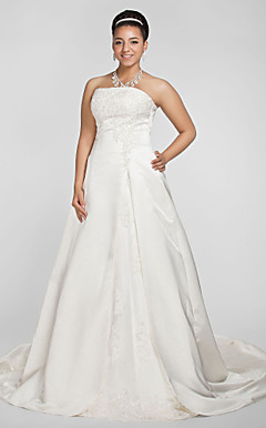 A-line Strapless Chapel Train Satin Plus Size Wedding Dress