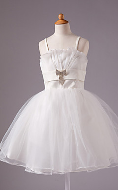 A-line Spaghetti Straps Knee-length Satin  Beading Sleeveless Flower Girl Dress