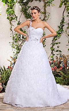 A-line One Shoulder Chapel Train Organza Wedding Dress