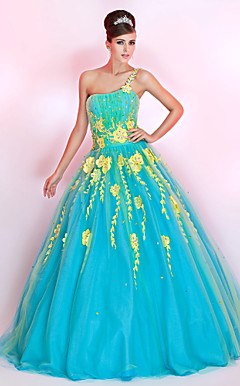 Ball Gown One Shoulder Floor-length Tulle Prom Dress With Embroidery