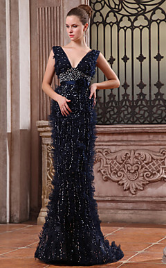 Trumpet Mermaid V-neck Sweep Brush Train Tulle Luxurious Dresses