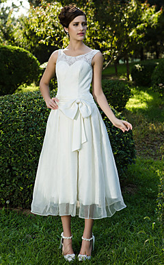 A-line Scoop Tea-length Lace Organza Wedding Dress