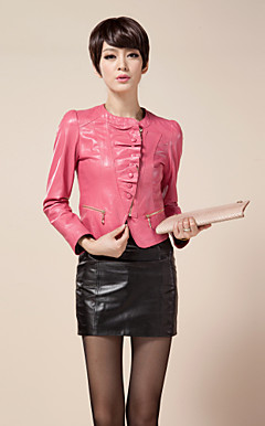 Long Sleeve Collarless Lambskin Leather Jacket(More Colors)