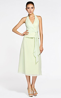 A-line Halter Tea-length Chiffon Bridesmaid Dress