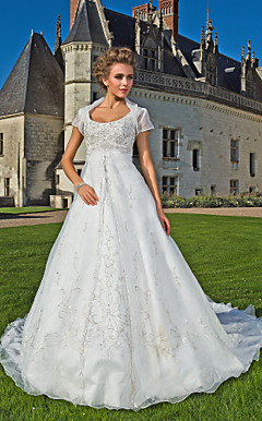 A-line Scoop Chapel Train Organza Wedding Dress With A Wrap