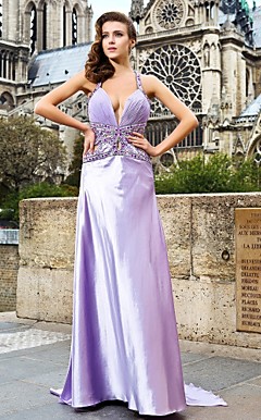 Sheath/Column V-neck Watteau Train Chiffon And Satin Evening Dress