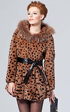 Long Sleeve Raccoon Hooded Collar Rex Rabbit Fur Casual/Party Coat