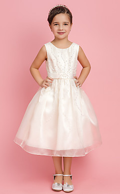 A-line Princess Jewel Tea-length Organza Flower Girl Dress With Beading