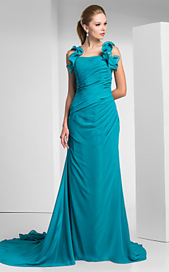 Sheath/Column Straps Sweep/Brush Train Chiffon Evening Dress