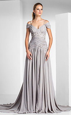 A-line Off-the-shoulder Court Train Chiffon Evening Dress