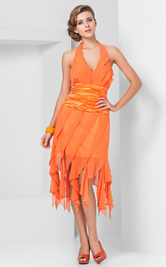 Beautiful Sheath/Column V-neck Halter Asymmetrical Chiffon Stretch Satin Cocktail Dresses