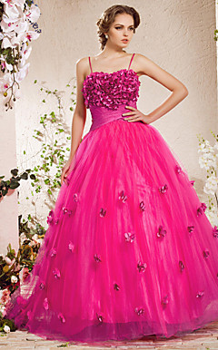 A-line Spaghetti Straps  Floor-length Satin  Tulle Evening Dress