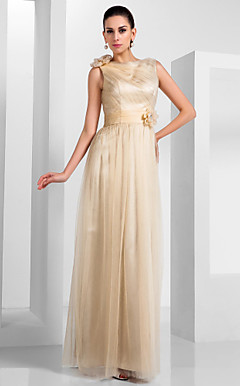 bainha / coluna bateau do assoalho-comprimento vestido de noite de tule