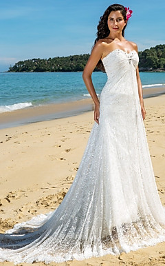 Sheath/Column Sweetheart Chapel Train Lace Wedding Dress