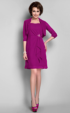 schede / column vierkante knielange chiffon moeder van de bruid jurk met een wrap