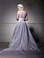  A-line V-neck Taffeta Lace Court Train Wedding Dress