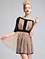  Robe Dentelle Manche Longues Décolleté Couches Superposées (Beige et Noir)