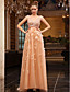  A-line V-neck Sweep Brush Train Tulle Over Chiffon Luxurious Dresses