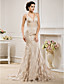  trompeta / sirena v-cuello tribunal tren y encaje vestido de gasa de la boda