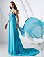  A-line V-neck Sweep/Brush Train Chiffon Evening Dress