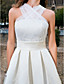  una línea-v-cuello hasta la rodilla organza y satén vestido de novia
