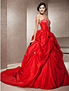  Ball Gown Strapless Sleeveless Taffeta Satin Chapel Train Red Wedding Dress