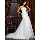 Trumpet / Mermaid One Shoulder Chapel Train Satin Organza Wedding Dress