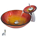 ronde victoire coloré évier en verre trempé navire avec robinet cascade, bague de montage et l'évacuation des eaux (0917-vt4065)