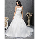 A-line Strapless Chapel Train Satin Organza Wedding Dress