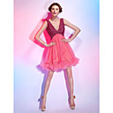A-line V-neck Short/Mini Tulle Over Stretch Satin Cocktail Dress