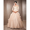 A-line Off-the-shoulder Floor-length Satin And Organza Wedding Dress