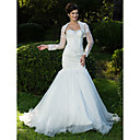 trompet / zeemeermin sweetheart vegen / borstelen trein kanten organza bruidsjurk met een wrap