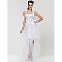 A-line Halter Asymmetrical Satin And Organza Bridesmaid Dress With Bow(s)