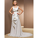Sheath/Column Scoop Sweep/Brush Train Chiffon And Stretch Satin Wedding Dress