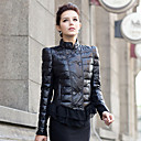 Long Sleeve Standing Collar Lambskin Leather Casual/Office Jacket With Lace