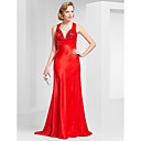 A-line V-neck Sweep Train Satin Evening Dress