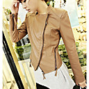 Women's Solid Color Slim PU Leather Jacket with Zip Detail