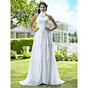 Sheath/Column High Neck Court Train Lace And Chiffon Wedding Dress