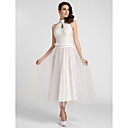 A-line High-neck Tea-length Satin And Tulle Evening Dress